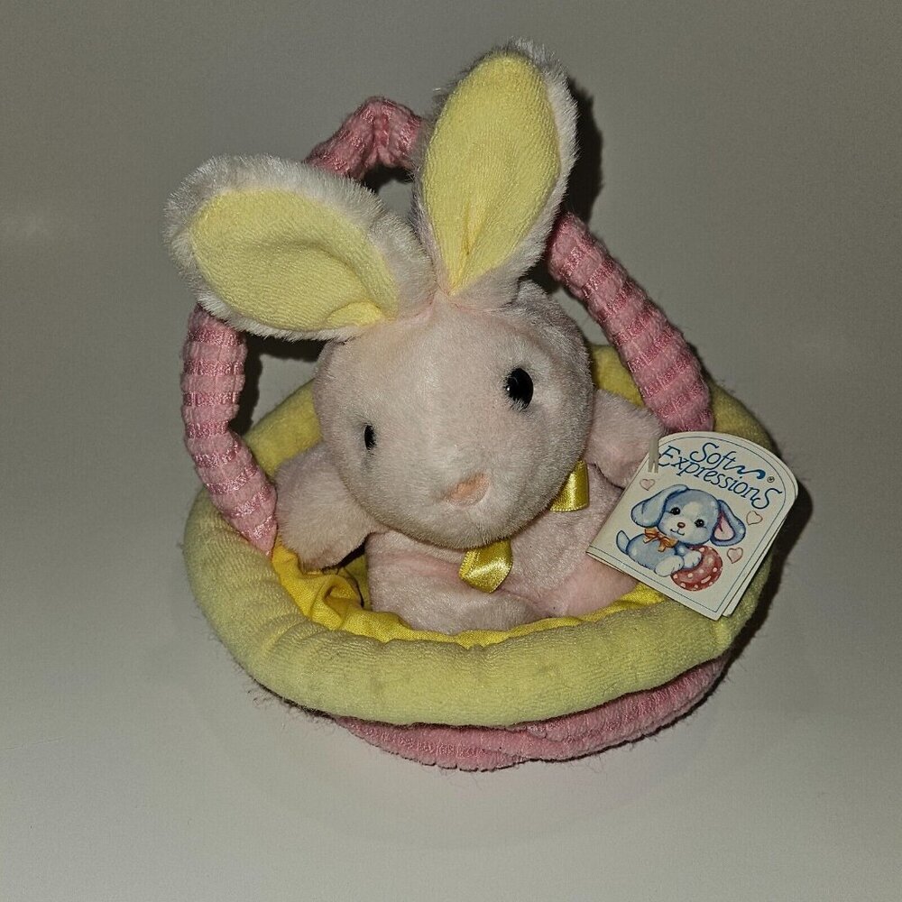 VTG Soft Expressions Pink Yellow Easter Bunny Basket Plush Toy Rattle w/TAG
